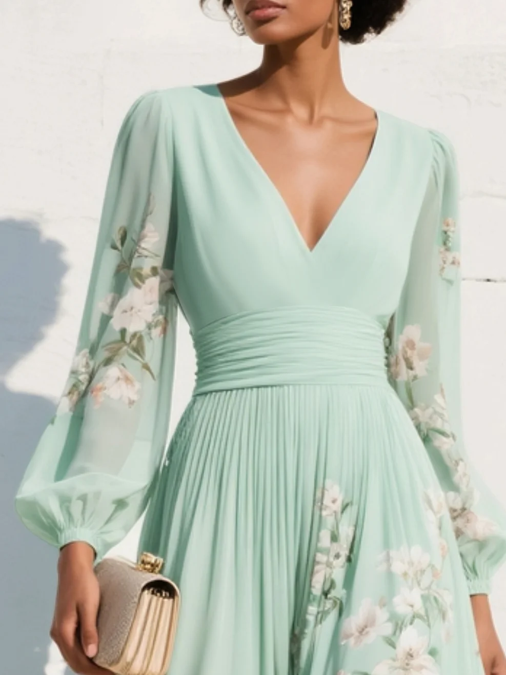 Women's Floral V-Neck Long Sleeve Midi Dress with Balloon Sleeves
