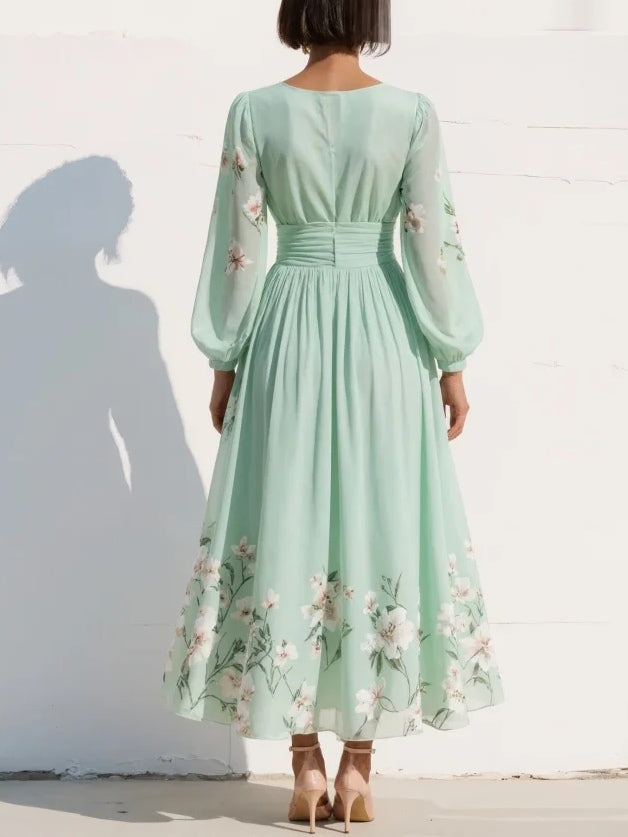 Women's Floral V-Neck Long Sleeve Midi Dress with Balloon Sleeves