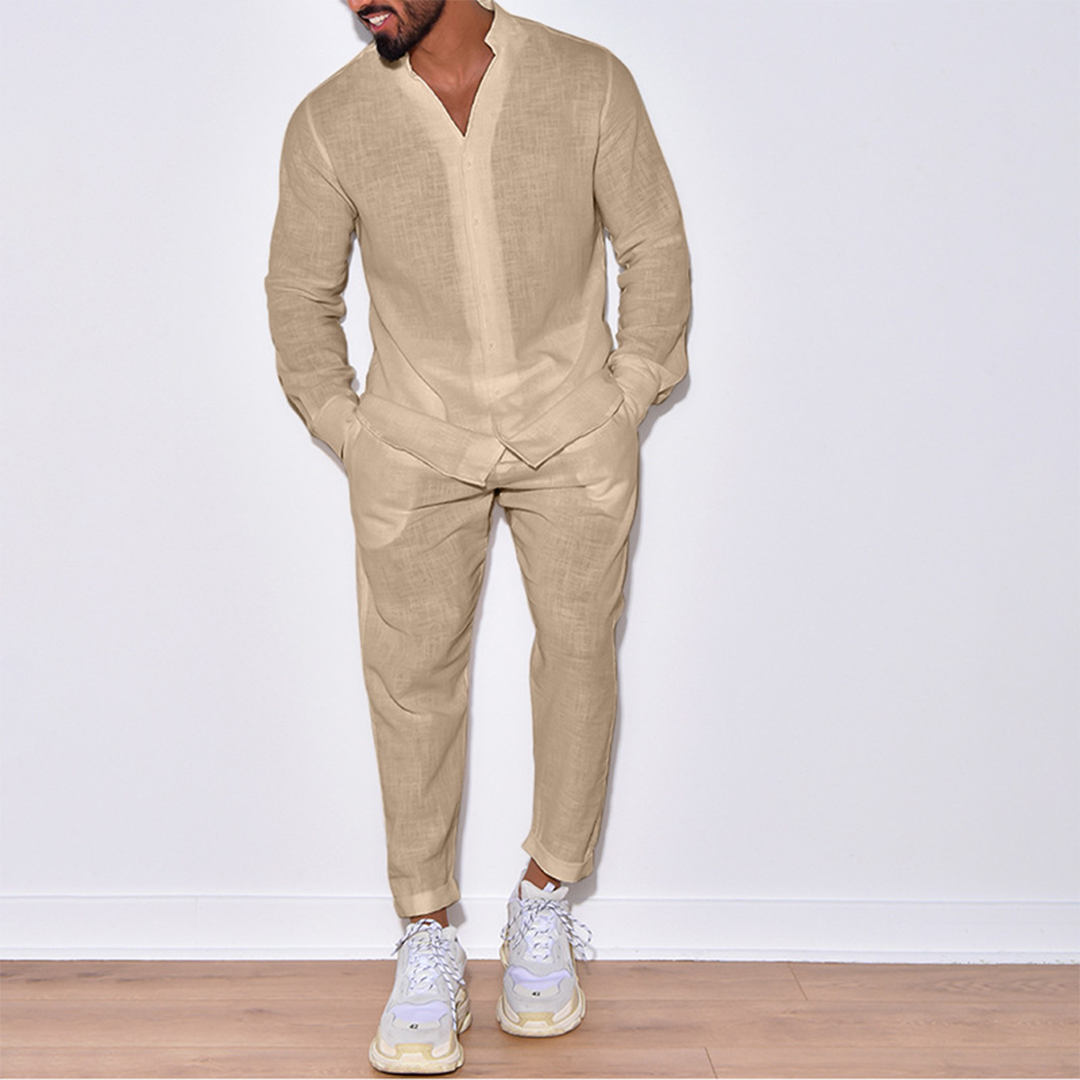 Men's Two Piece Set - Band Collar Long Sleeve Shirt and Pants