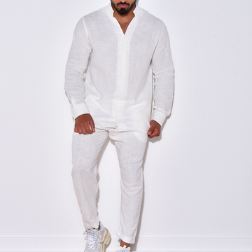 Men's Two Piece Set - Band Collar Long Sleeve Shirt and Pants
