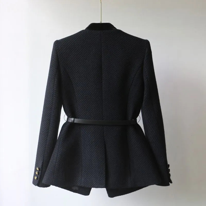 Women’s Textured Military Style Blazer - Stand Collar Button Front Jacket with Belt
