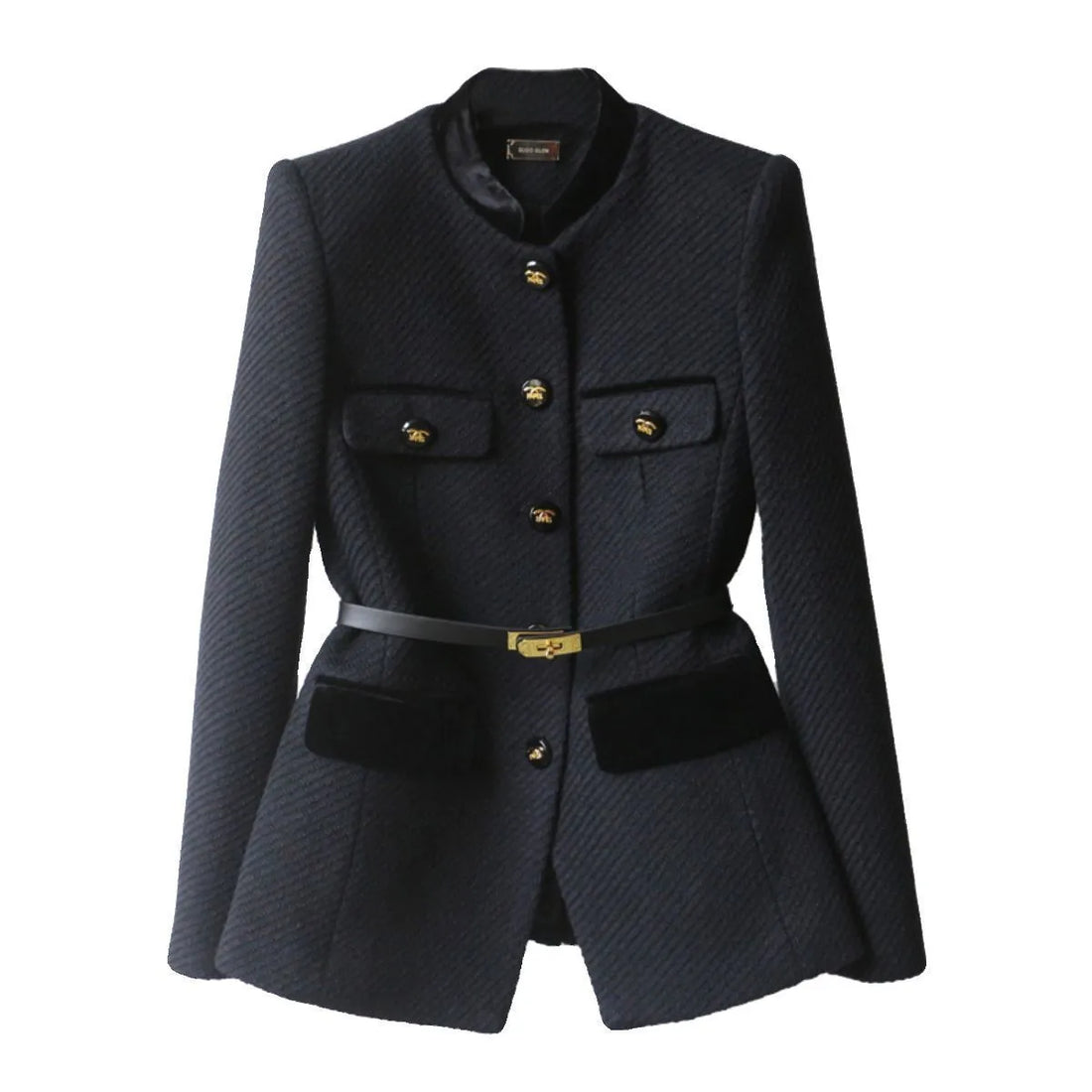 Women’s Textured Military Style Blazer - Stand Collar Button Front Jacket with Belt