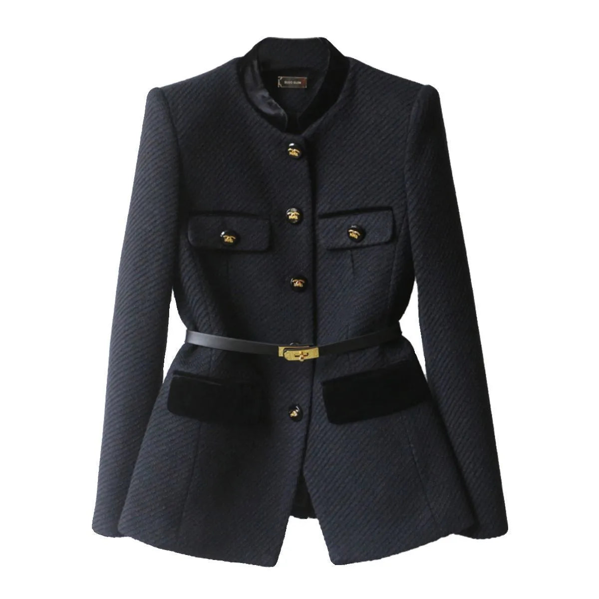 Women’s Textured Military Style Blazer - Stand Collar Button Front Jacket with Belt