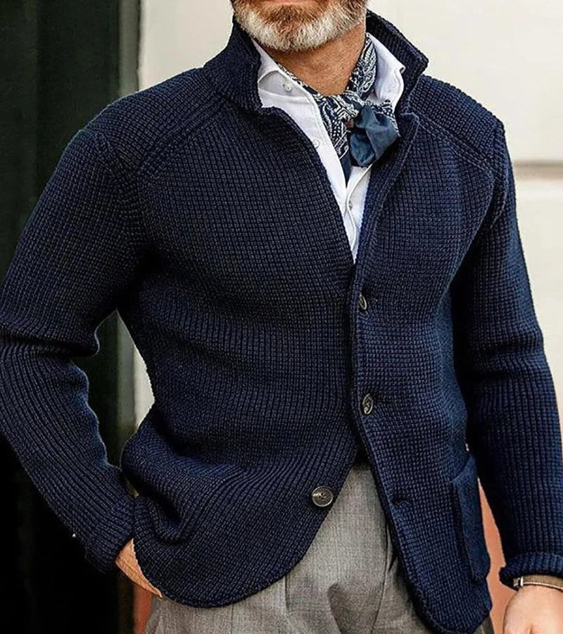 Men's Single Breasted Stand Collar Knitted Cardigan - Button Up Long Sleeve Knit Jacket with Ribbed Cuffs