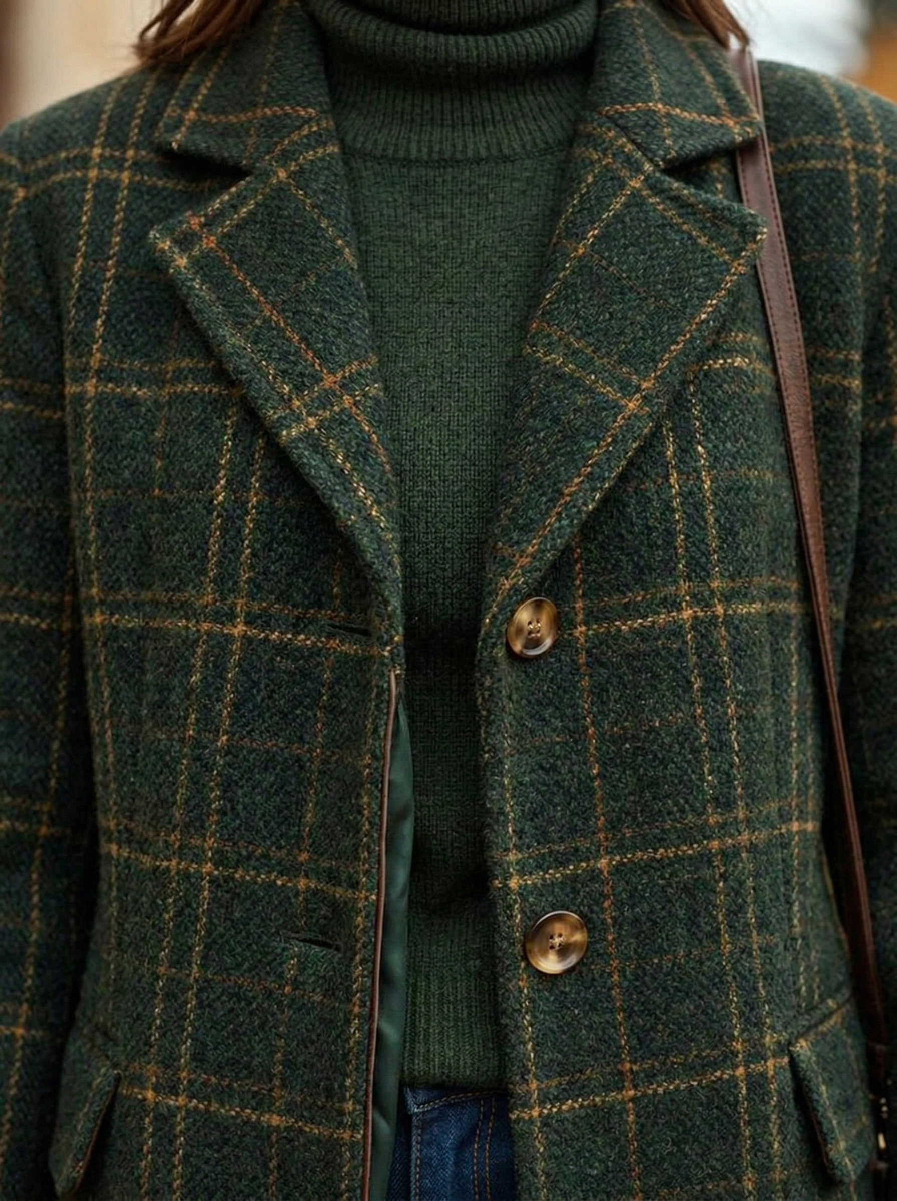 Women's Longline Coat - Windowpane Check - Notched Lapel - Single Breasted - Turn-Back Cuff