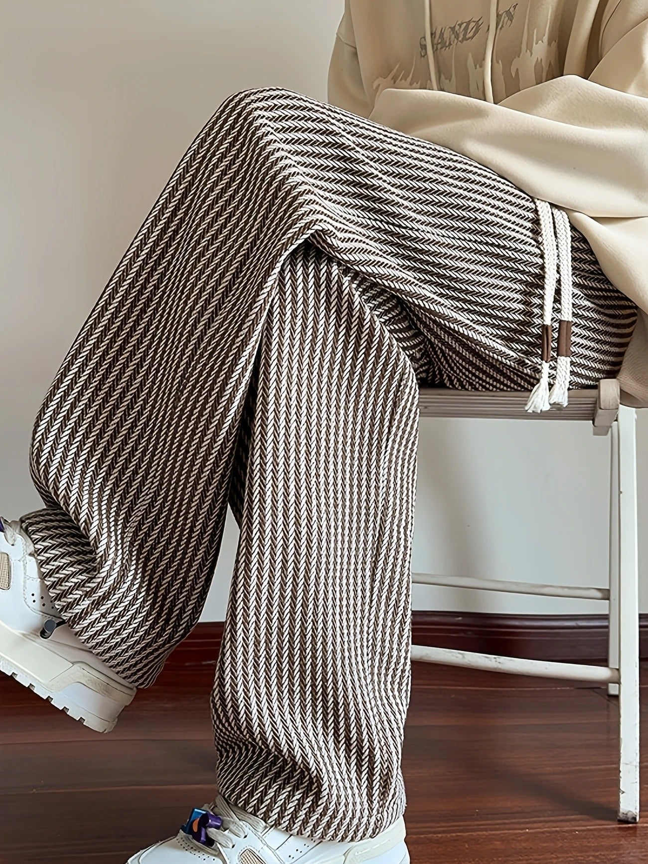 Men's Wide Leg Pants - Herringbone Pattern - Drawstring Waist