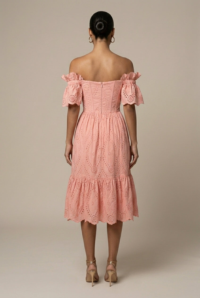 Women's Off Shoulder Eyelet Midi Dress - Puff Sleeves - Wedding Guest