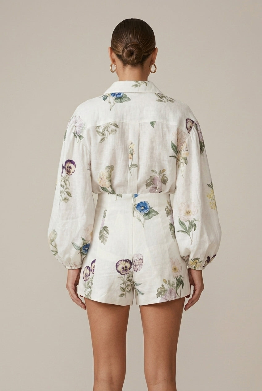 Women's Floral Two Piece Set - Long Sleeve Shirt and High Waist Shorts