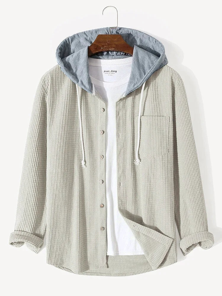 Men's Corduroy Hooded Overshirt - Button Front - Chest Pocket