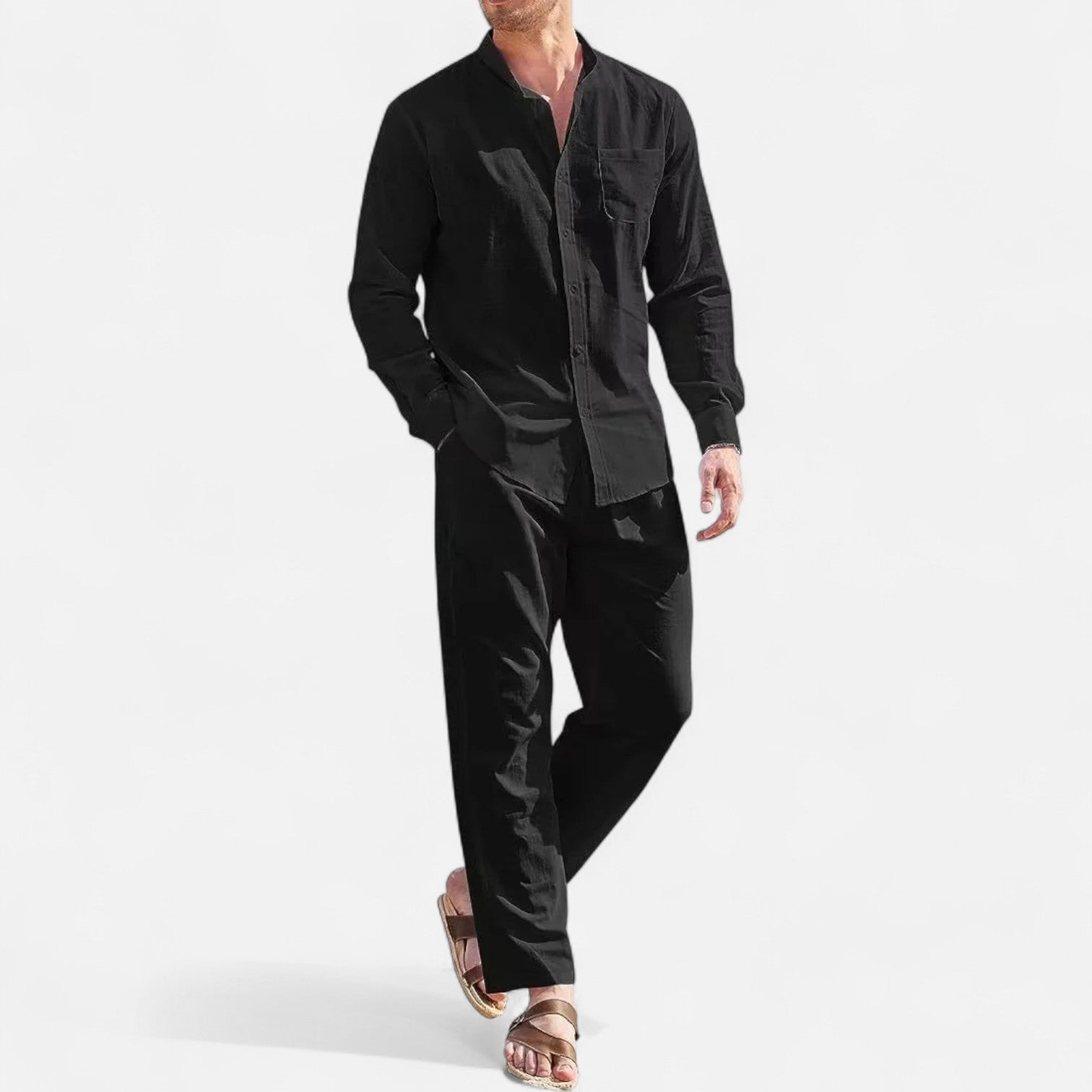 Men's Linen Long Sleeve Button-Down Shirt Two Piece Set