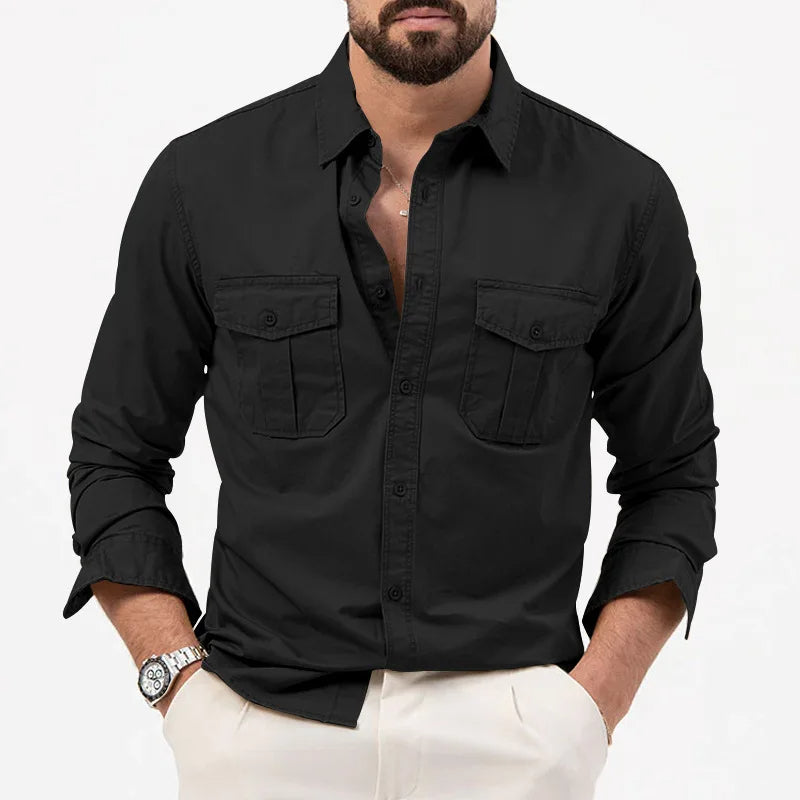 Men's Long Sleeve Button Up Shirt - Dual Chest Pockets - Relaxed Fit