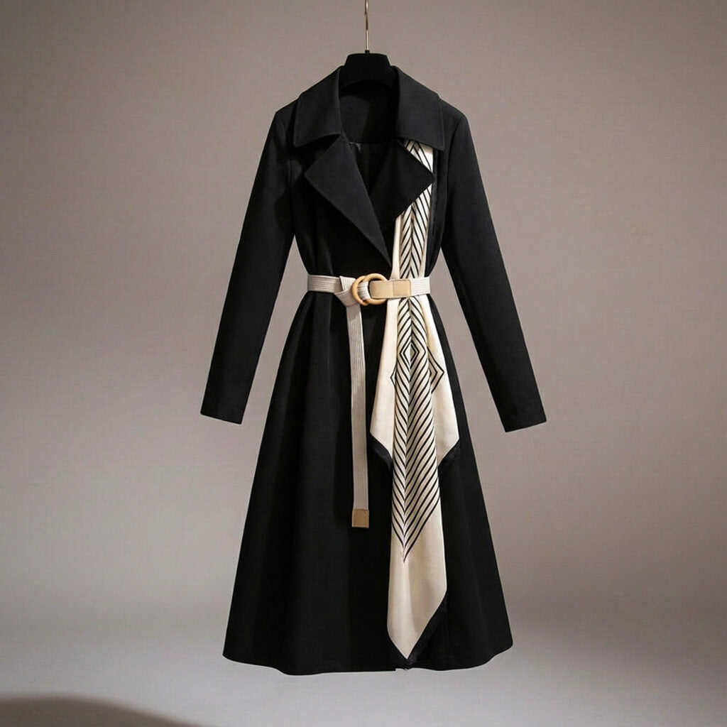 Women's Trench Coat - Long Line Open Front with Contrast Scarf Belt and Wide Lapel