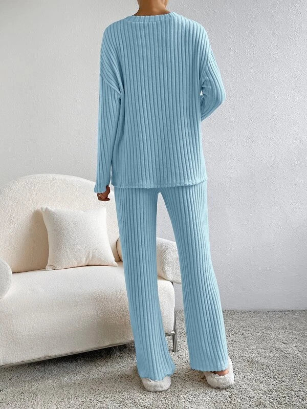 Women's Ribbed Knit Two Piece Set - V-Neck Long Sleeve Top and Wide Leg Pants