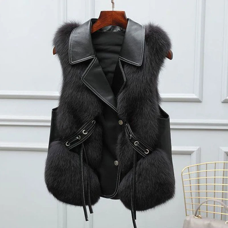 Women’s Faux Fur Trim Gilet – Collared Tie-Side Regular Fit Vest