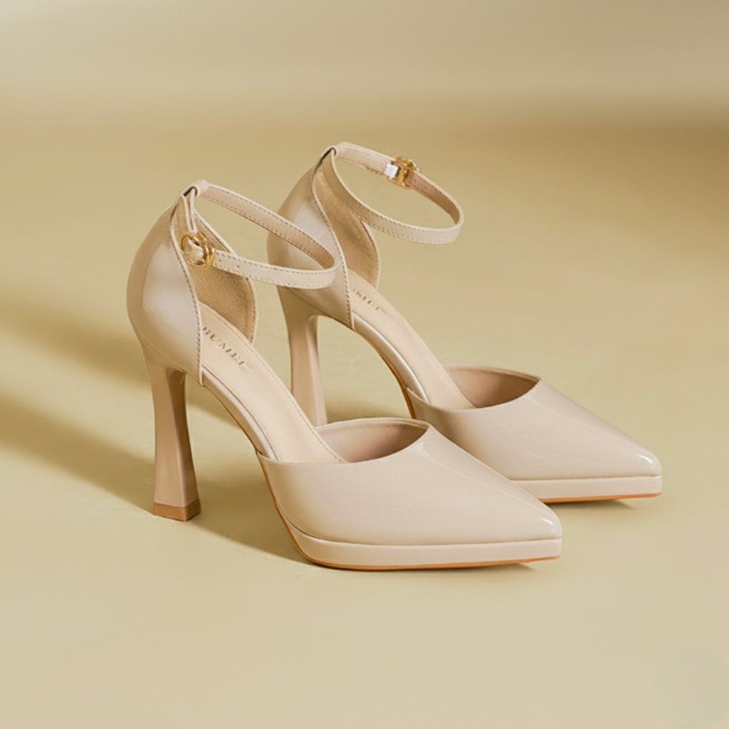 Women's Patent Leather Pointed Toe Ankle Strap Block Heels