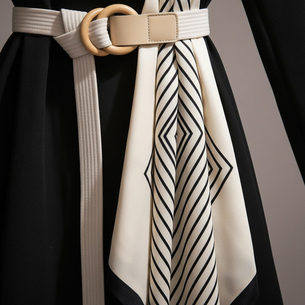 Women's Trench Coat - Long Line Open Front with Contrast Scarf Belt and Wide Lapel