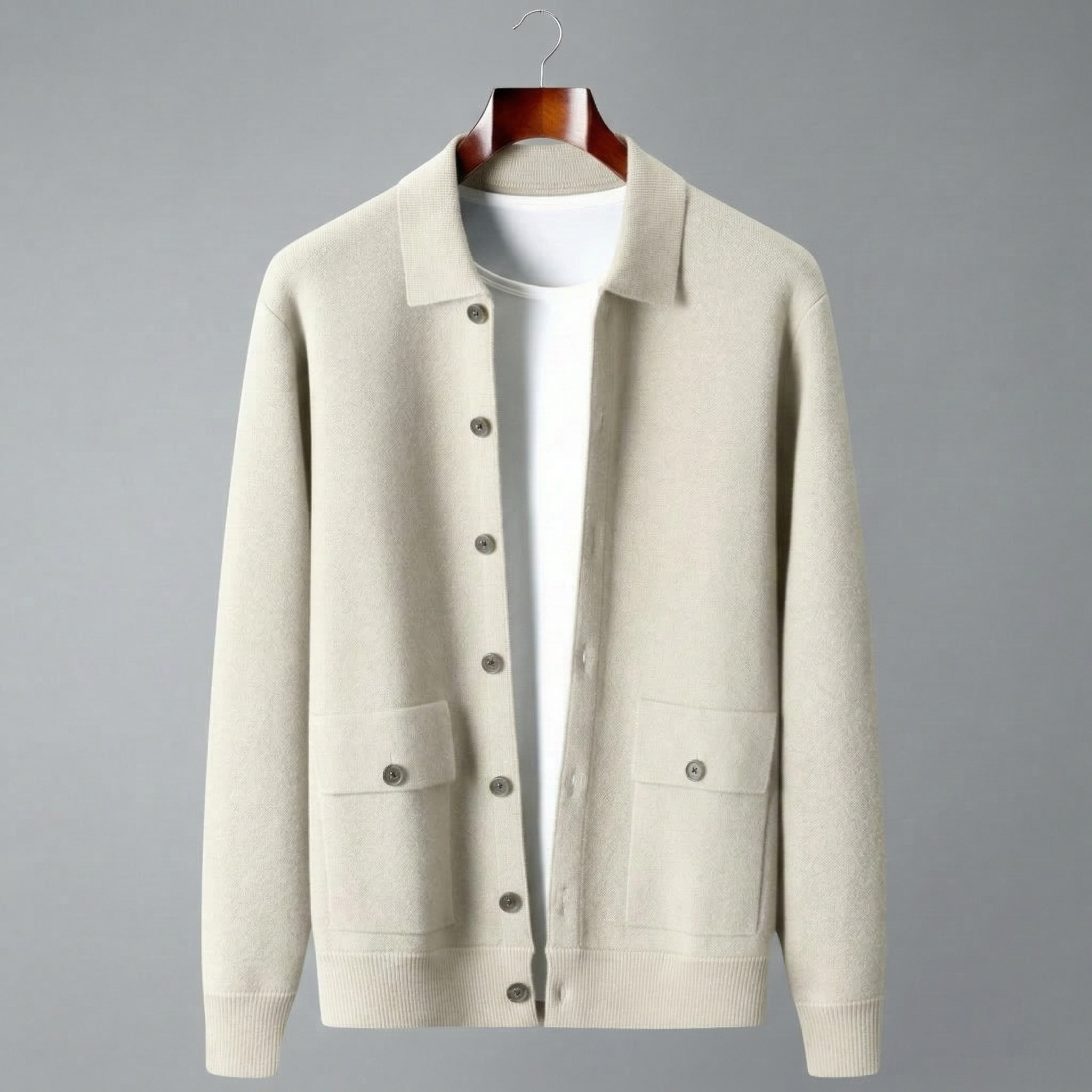 Men's Wool Cardigan - Button-Up Collar Long Sleeve