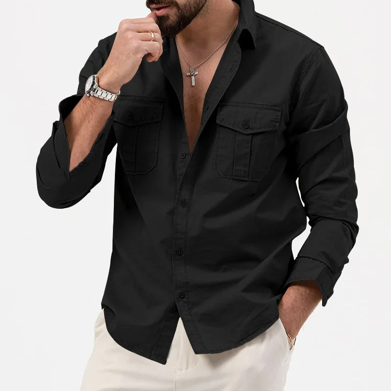 Men's Long Sleeve Button Up Shirt - Dual Chest Pockets - Relaxed Fit