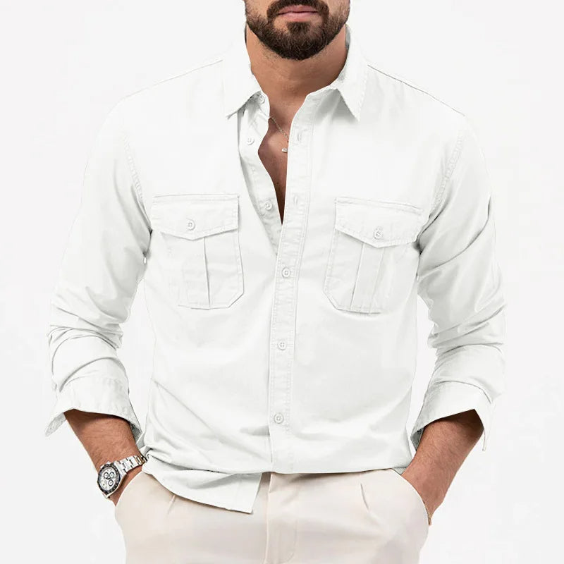 Men's Long Sleeve Button Up Shirt - Dual Chest Pockets - Relaxed Fit