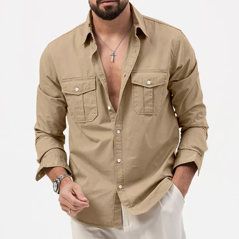 Men's Long Sleeve Button Up Shirt - Dual Chest Pockets - Relaxed Fit