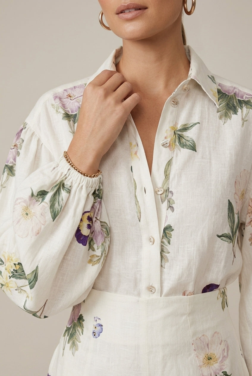 Women's Floral Two Piece Set - Long Sleeve Shirt and High Waist Shorts