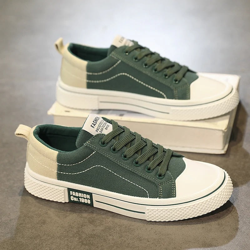 Men's Casual Sneakers - Lace-Up Low Top with Contrast Toe Cap - Colour Block Upper and White Sole