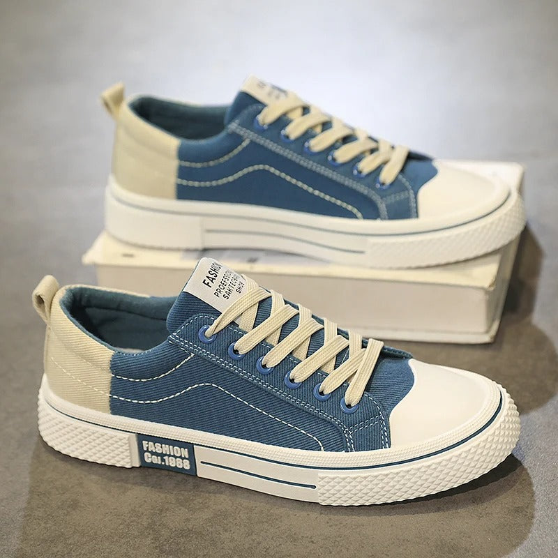 Men's Casual Sneakers - Lace-Up Low Top with Contrast Toe Cap - Colour Block Upper and White Sole