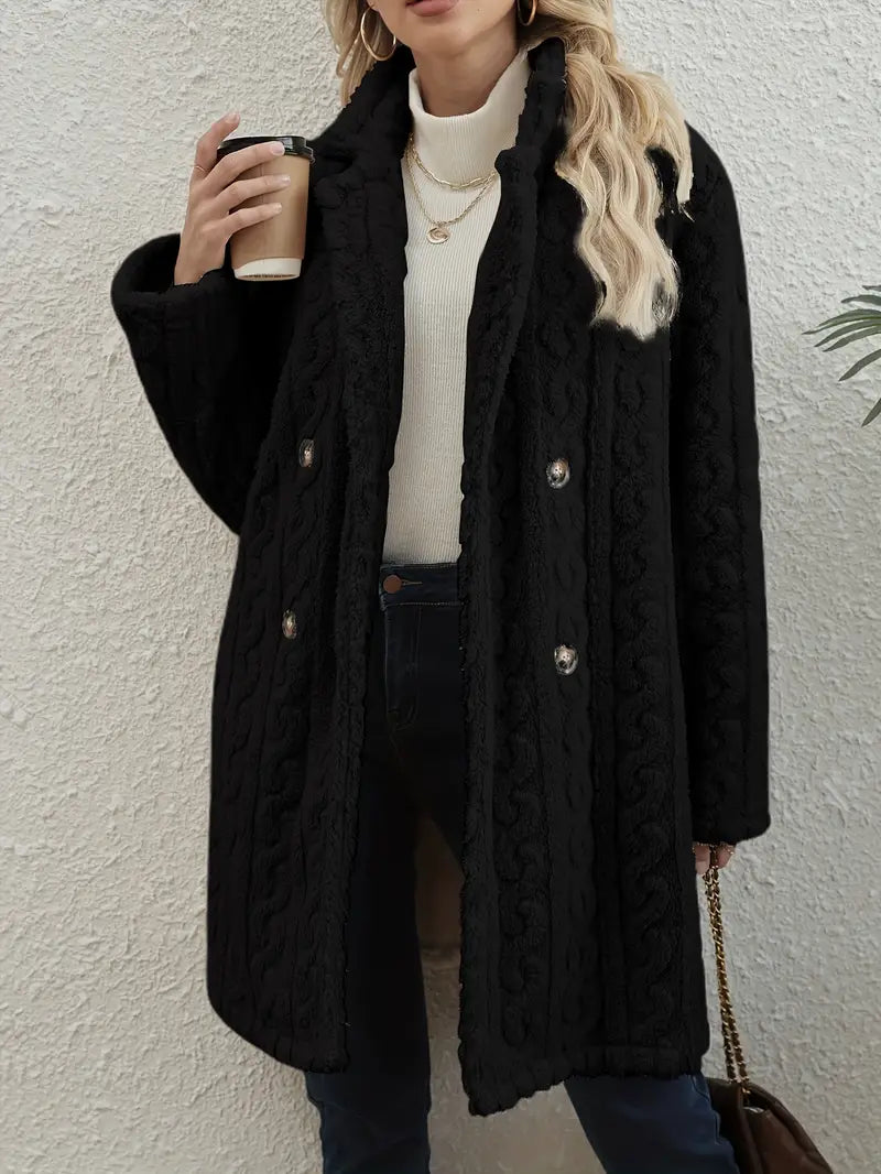 Women's Coat - Double Breasted Notch Lapel Cable Texture Midi