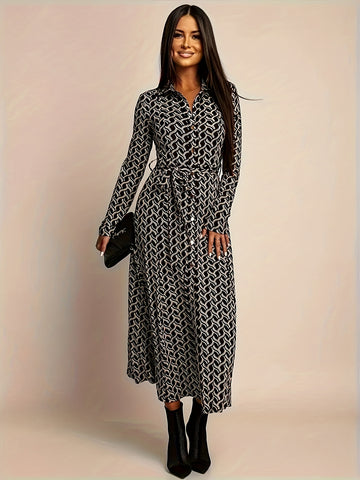 Women's Black Long Sleeve Midi Dress - Geo Print - Belted Waist