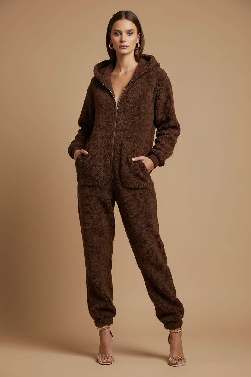 Women's Jumpsuit - Oversized Hooded Zip Front Teddy Fleece with Patch Pockets