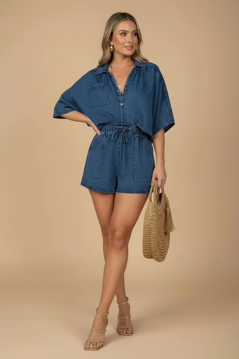 Women's Two Piece Set - Collared Shirt and Drawstring Shorts