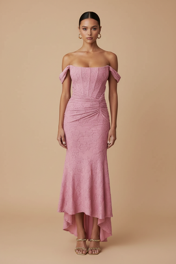Women’s Ruched Midi Dress with Square Neck – Structured Fitted Evening Silhouette