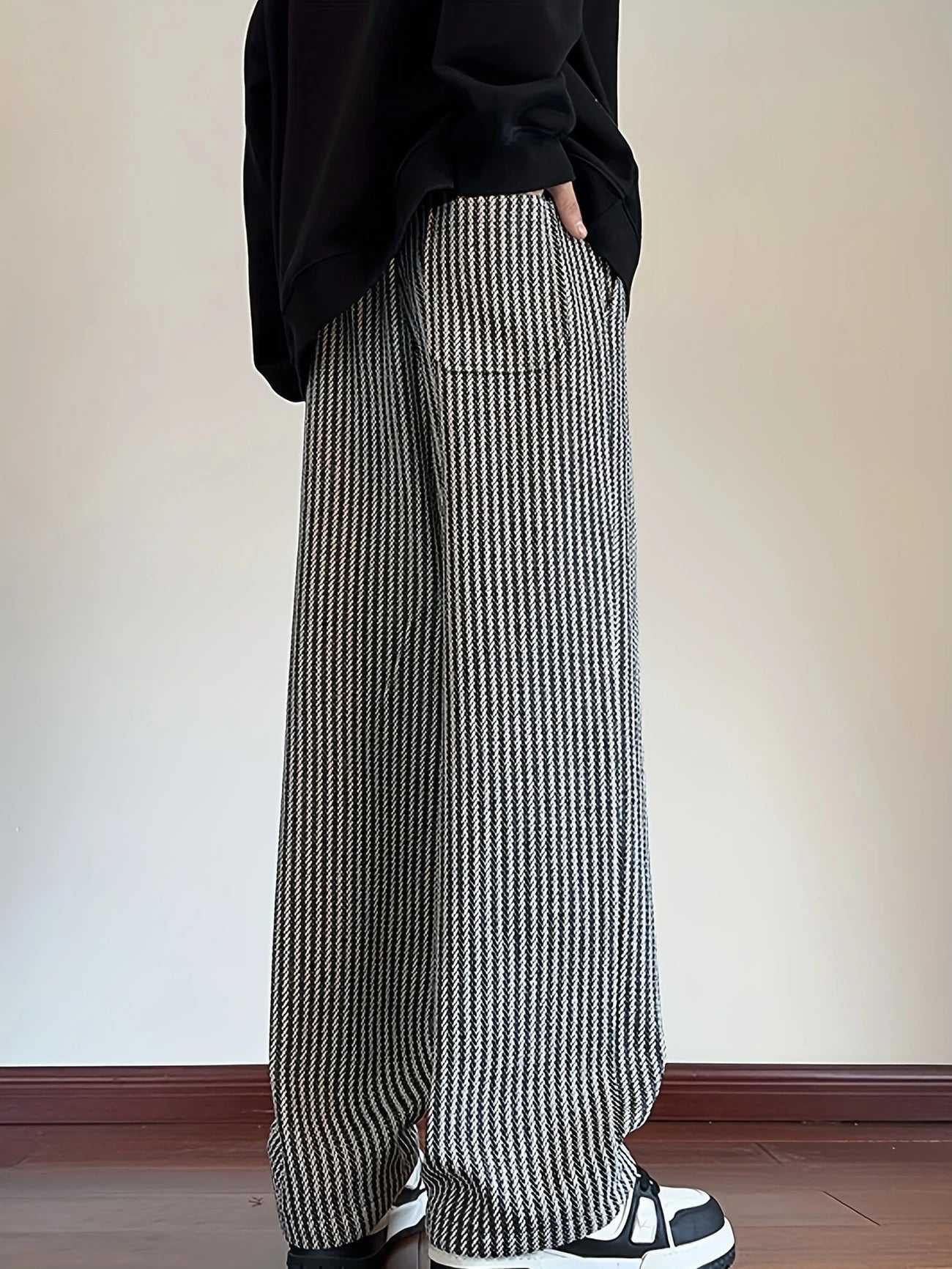 Men's Wide Leg Pants - Herringbone Pattern - Drawstring Waist