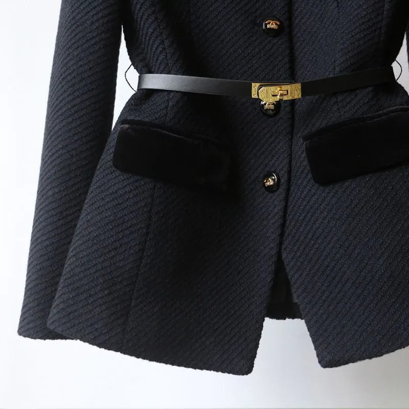 Women’s Textured Military Style Blazer - Stand Collar Button Front Jacket with Belt
