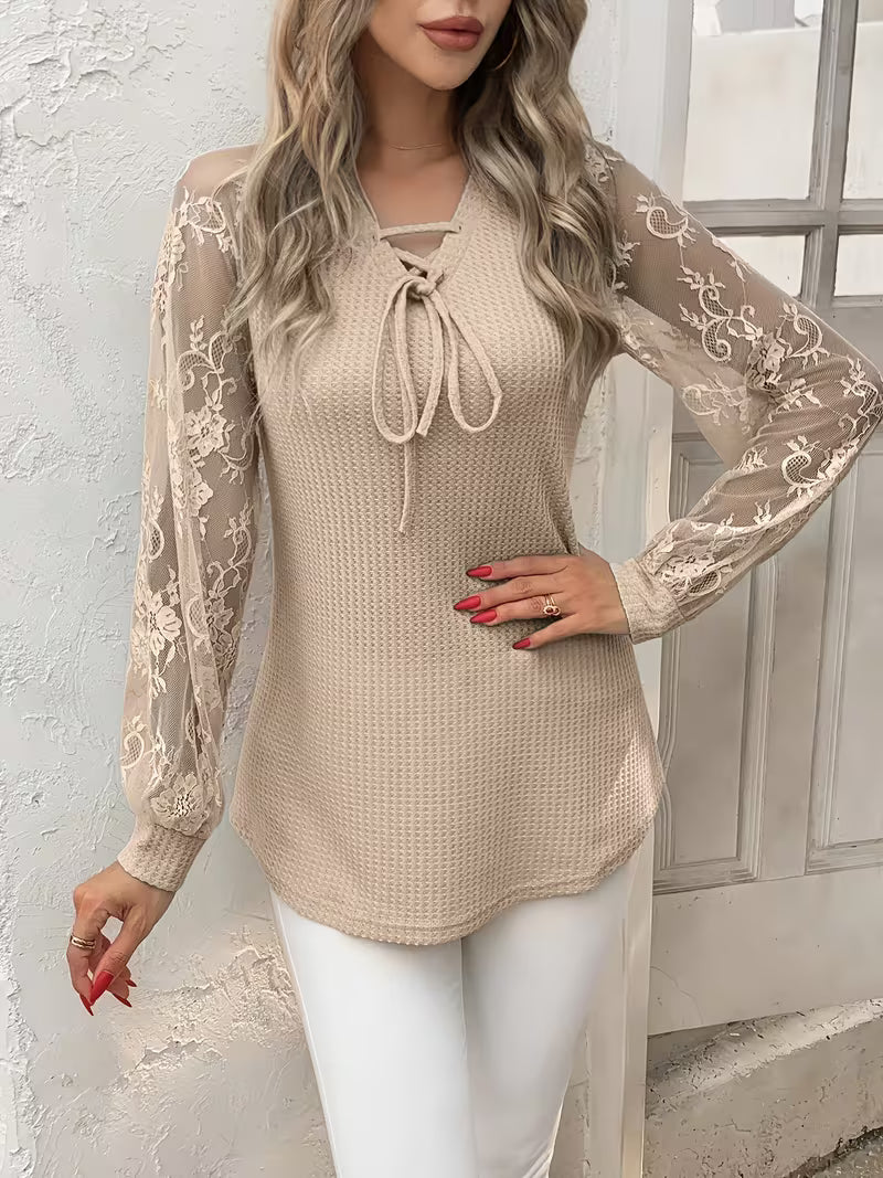 Women's Lace Top - V-Neck Lace-Up with Sheer Floral Lace Sleeves and Waffle Knit Body