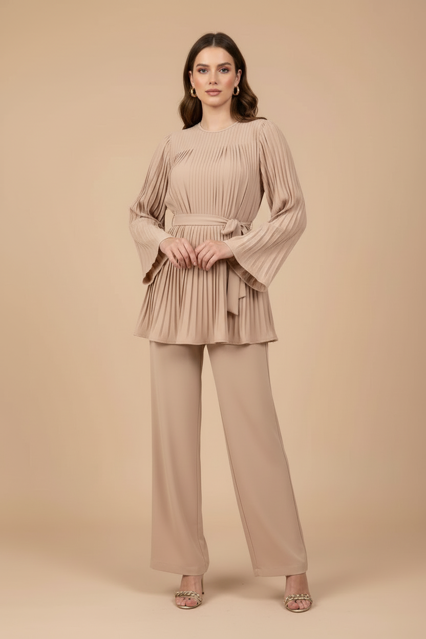 Women's Two Piece Set - Pleated Peplum Top and Wide Leg Pants
