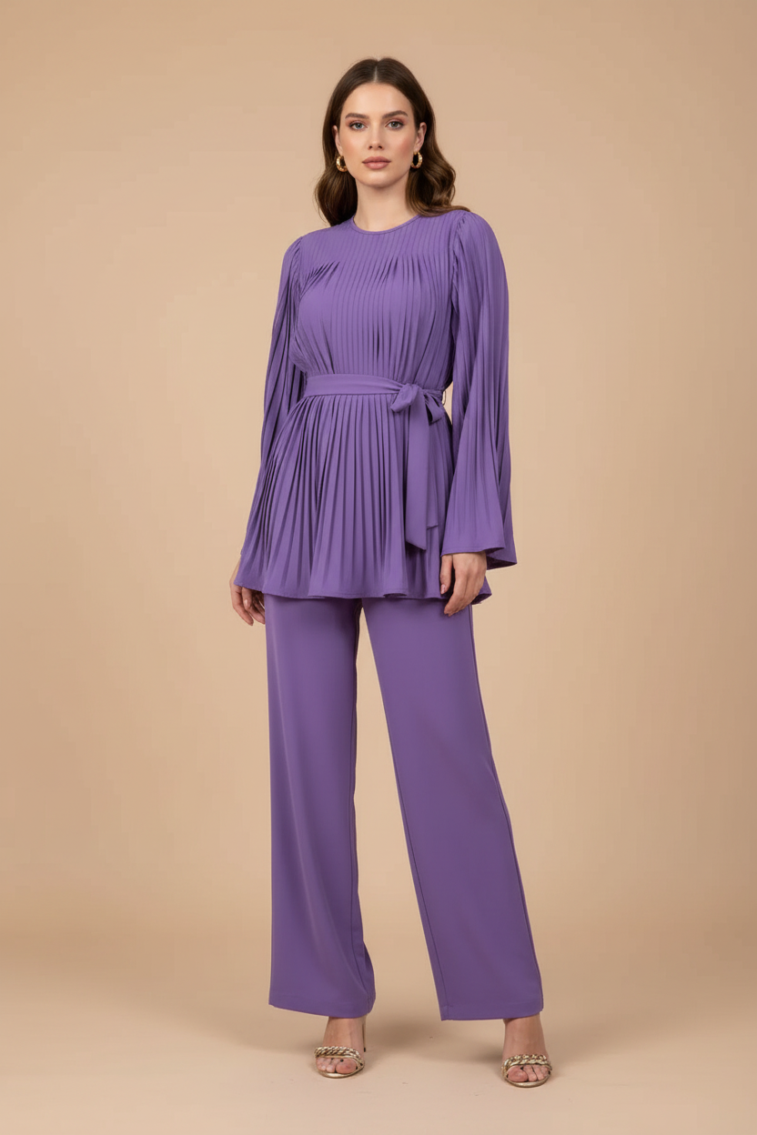 Women's Two Piece Set - Pleated Peplum Top and Wide Leg Pants