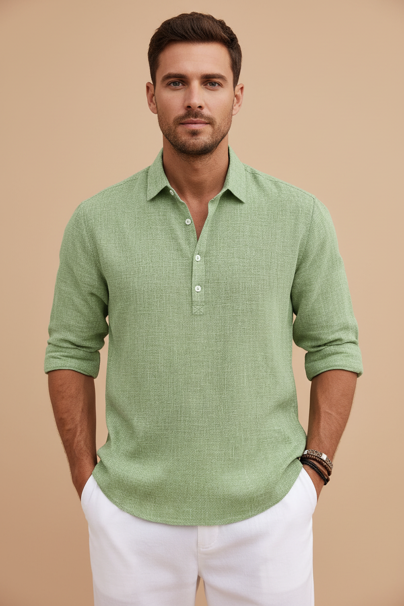 Men’s Long Sleeve Henley Shirt with Button Placket and Relaxed Fit