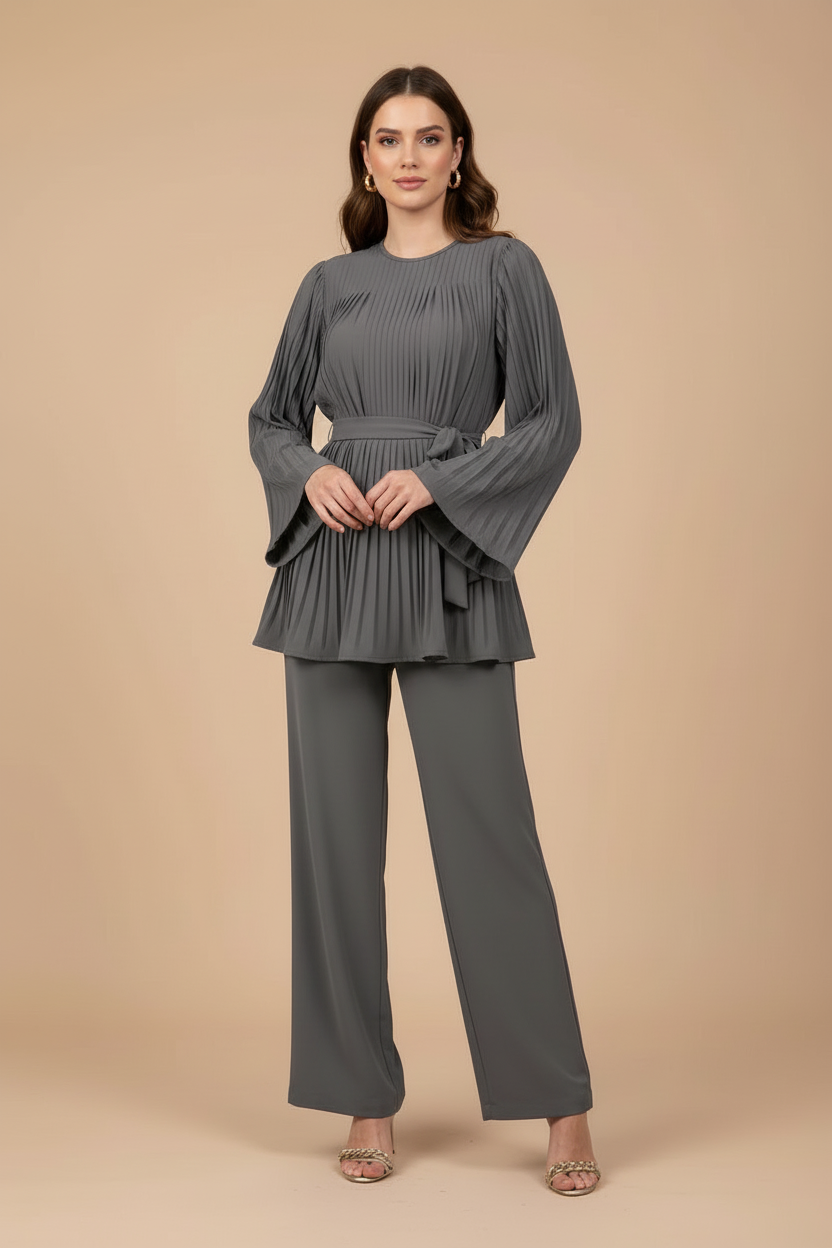 Women's Two Piece Set - Pleated Peplum Top and Wide Leg Pants