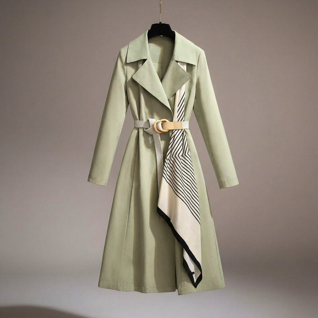 Women's Trench Coat - Long Line Open Front with Contrast Scarf Belt and Wide Lapel