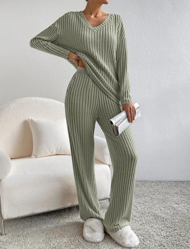 Women's Ribbed Knit Two Piece Set - V-Neck Long Sleeve Top and Wide Leg Pants