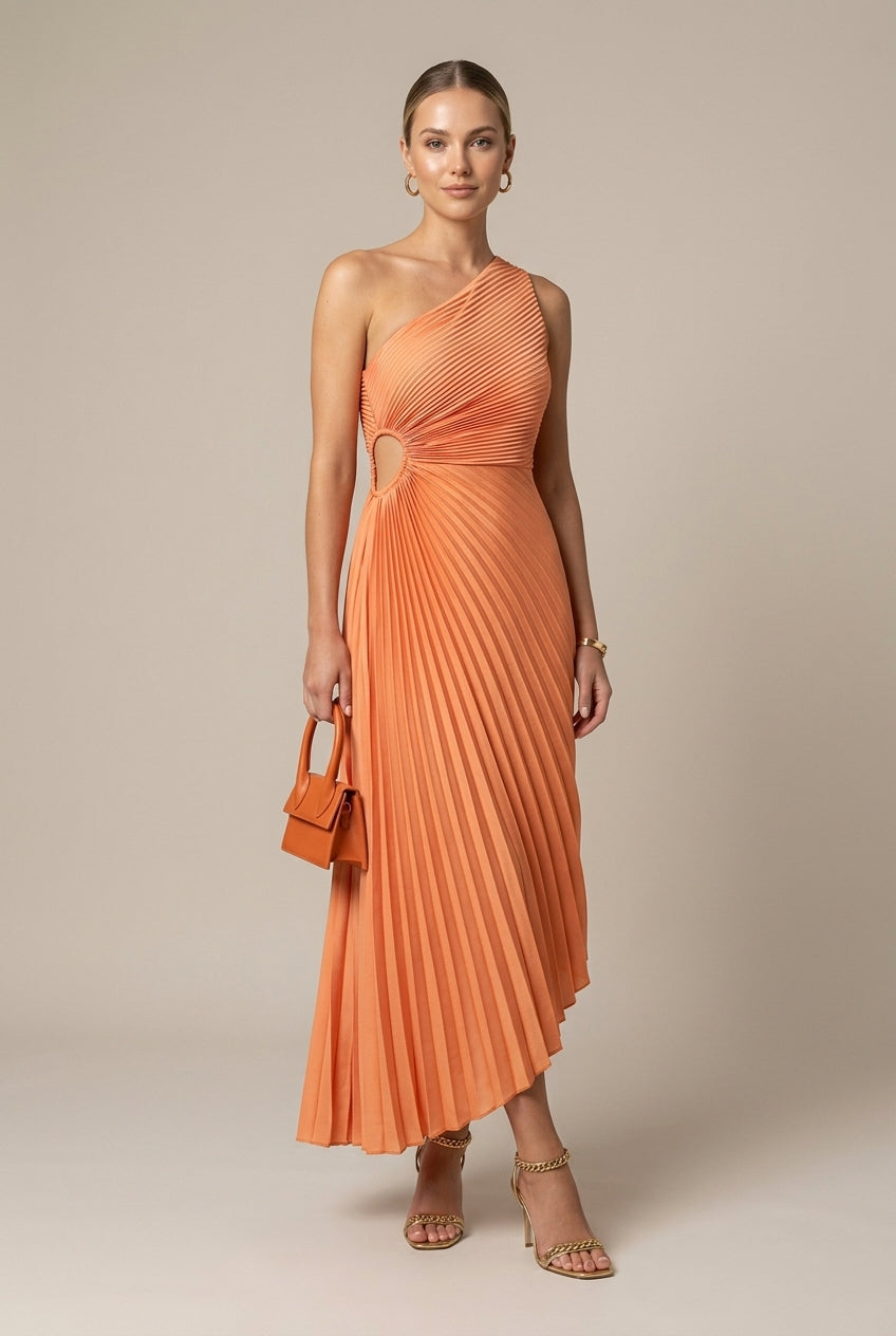 Women's One Shoulder Pleated Maxi Wedding Guest Dress