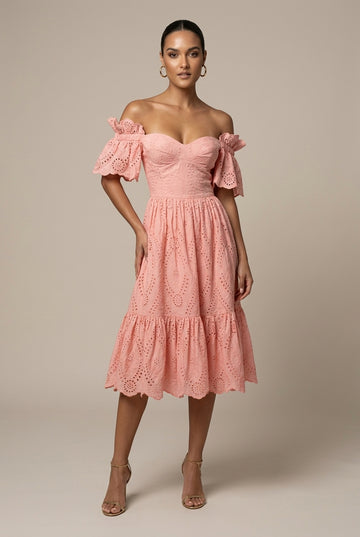 Women's Off Shoulder Eyelet Midi Dress - Puff Sleeves - Wedding Guest