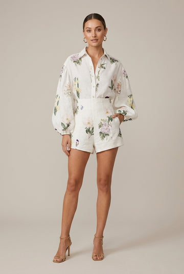 Women's Floral Two Piece Set - Long Sleeve Shirt and High Waist Shorts