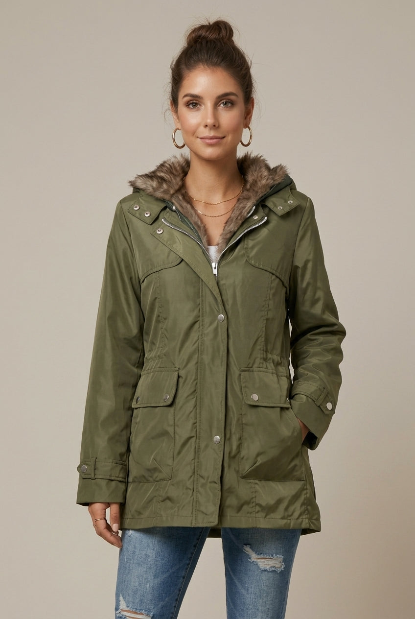 Women's Hooded Parka - Faux Fur Lined Hood - Snap Zip Front - Midi Length