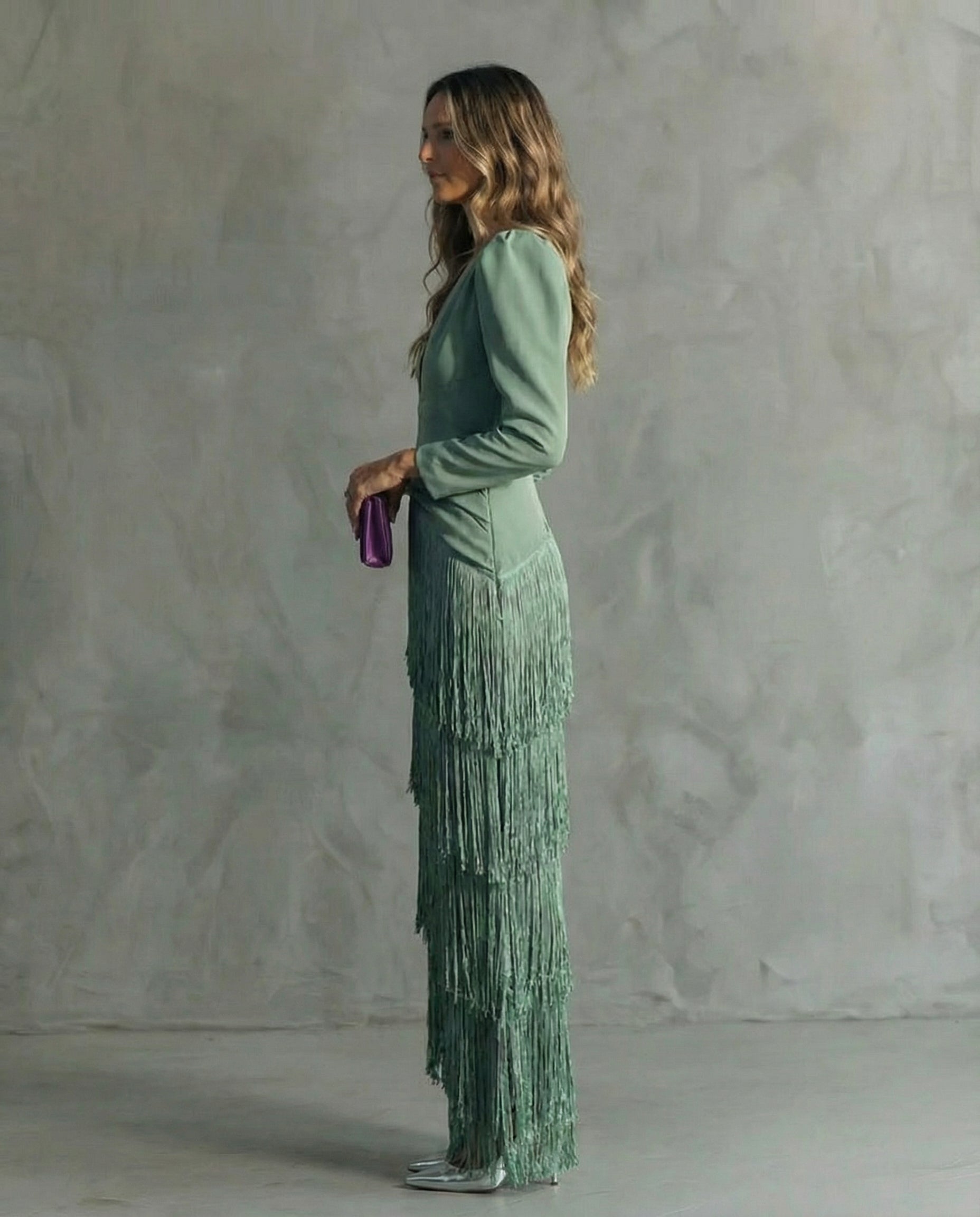 Women's Deep V-Neck Long Sleeve Tiered Fringe Maxi Dress