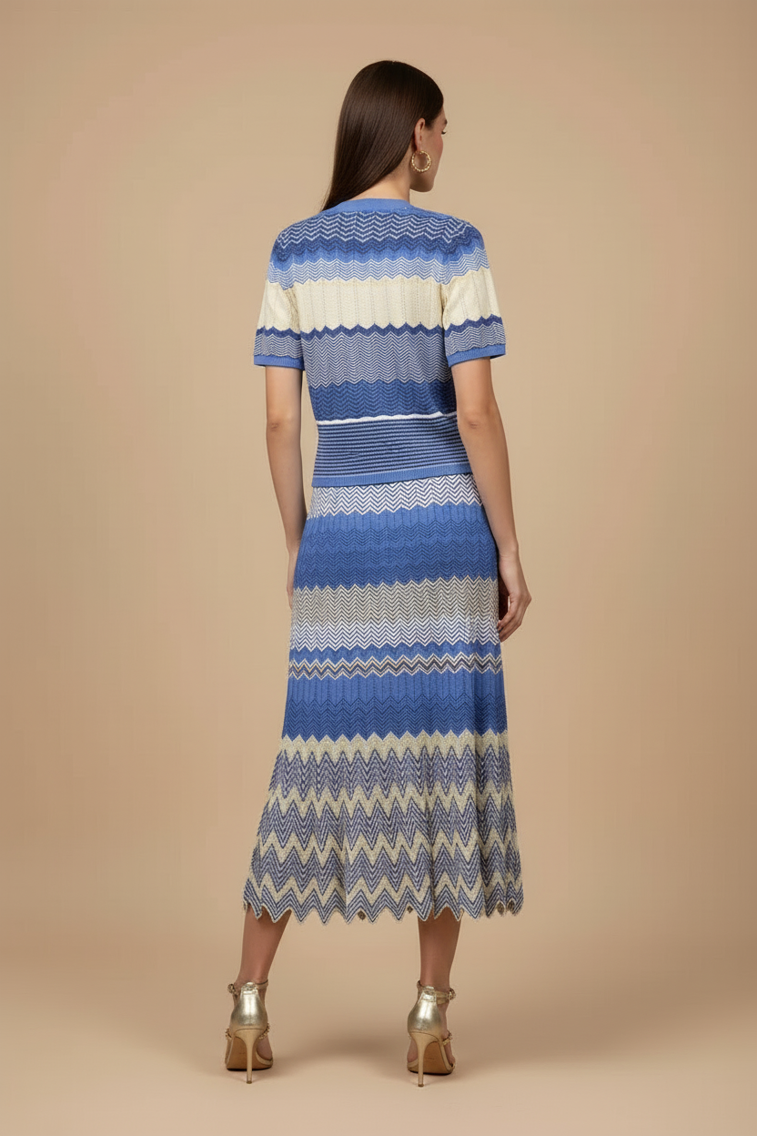 Women's Chevron Two Piece Skirt Set - V-Neck Top and Maxi Skirt