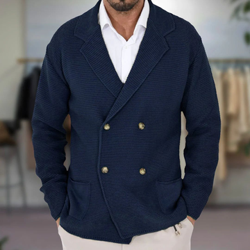 Men's Double Breasted Knitted Cardigan - Notch Lapel Long Sleeve Knit Jacket with Patch Pockets