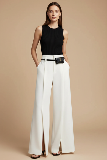 Women's Wide Leg Pants - High Waist Pleated Front Split Hem