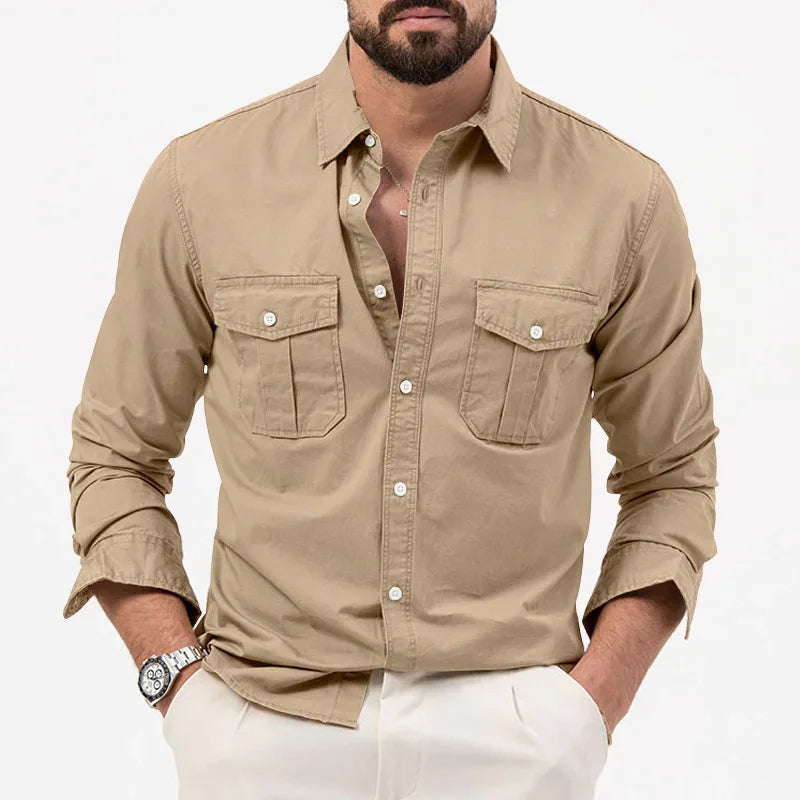 Men's Long Sleeve Button Up Shirt - Dual Chest Pockets - Relaxed Fit